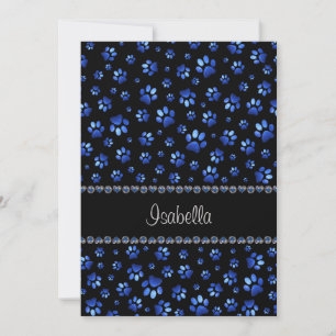 Custom name, blue glitter dog paws thank you card