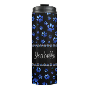 Custom name, blue glitter dog paws thermal tumbler