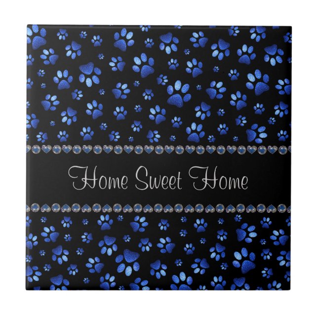 Custom name, blue glitter dog paws tile (Front)