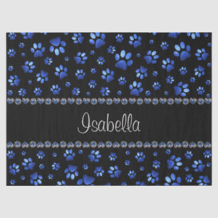 Custom name, blue glitter dog paws tissue paper