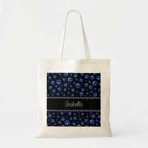 Custom name, blue glitter dog paws tote bag