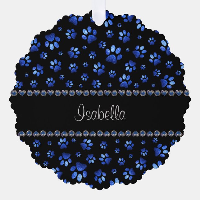 Custom name, blue glitter dog paws tree decoration card (Front)