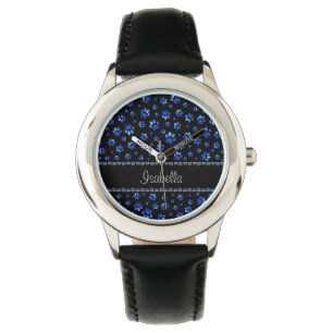 Custom name, blue glitter dog paws watch