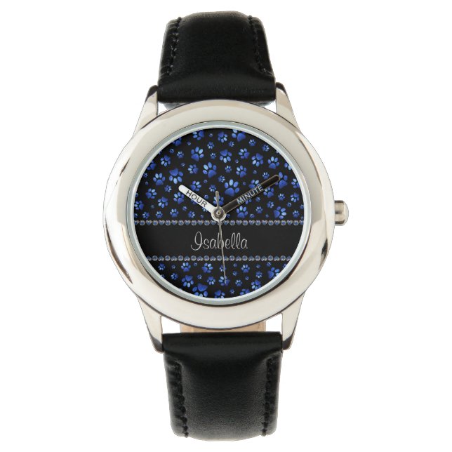 Custom name, blue glitter dog paws watch (Front)