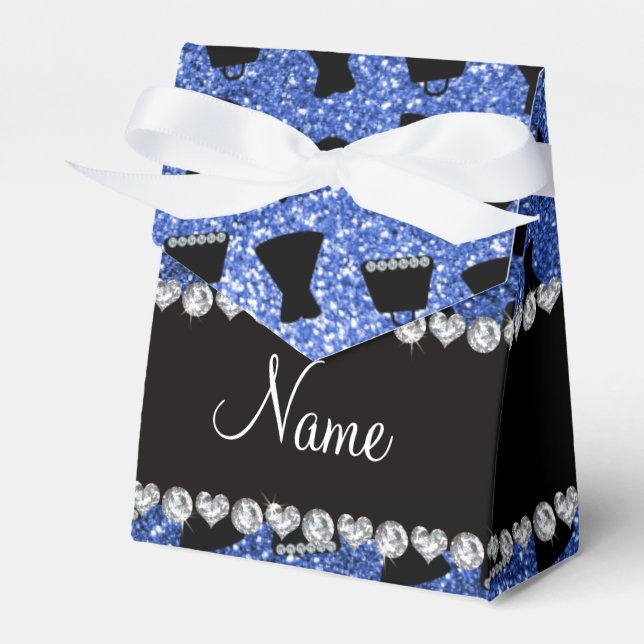 Custom name blue glitter high heels dress purse favour box (Front Side)