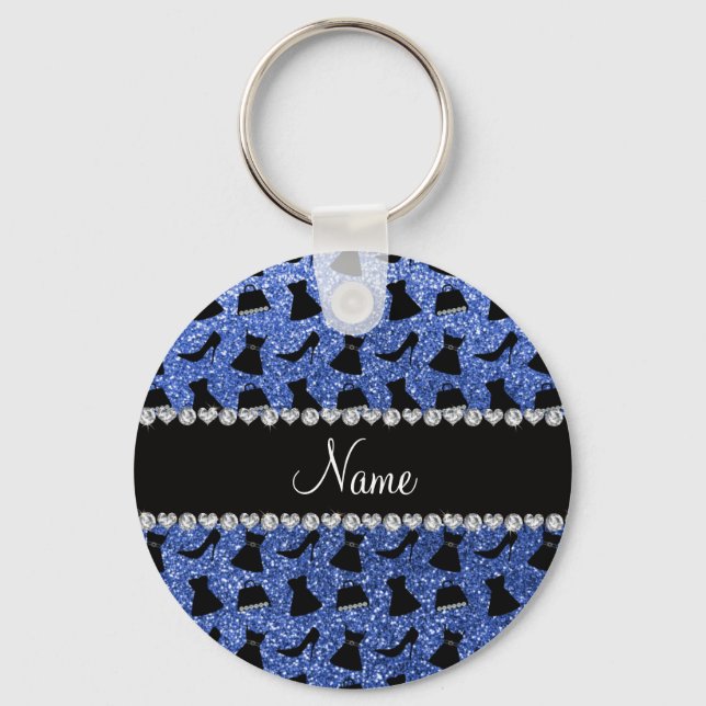 Custom name blue glitter high heels dress purse key ring (Front)