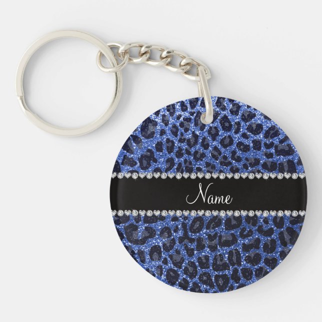 Custom name blue glitter leopard print key ring (Front)
