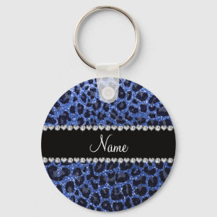Custom name blue glitter leopard print key ring