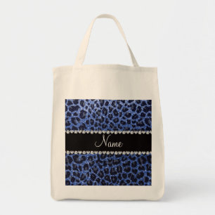 Custom name blue glitter leopard print tote bag