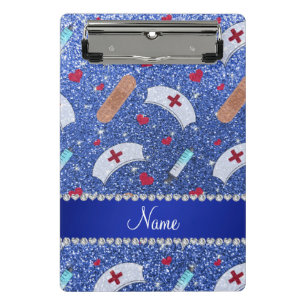 Custom name blue glitter nurse hats heart mini clipboard