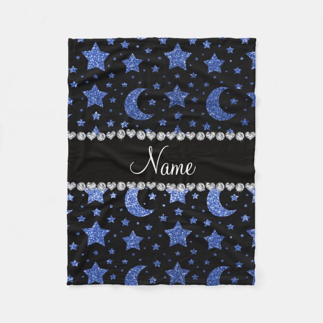 Custom name blue glitter stars and moons fleece blanket (Front)