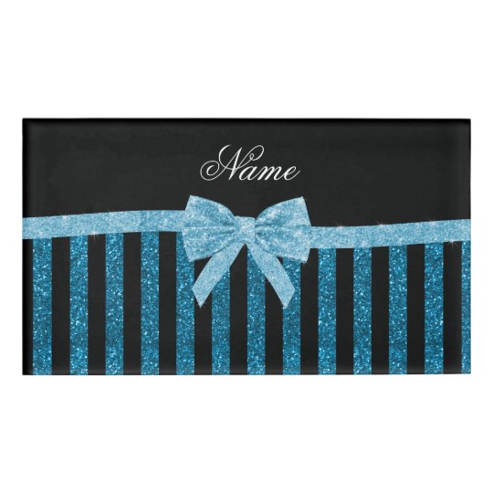 Custom name blue glitter stripes glitter bow name tag