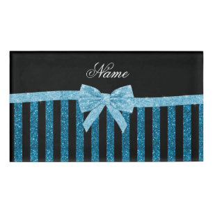 Custom name blue glitter stripes glitter bow tag