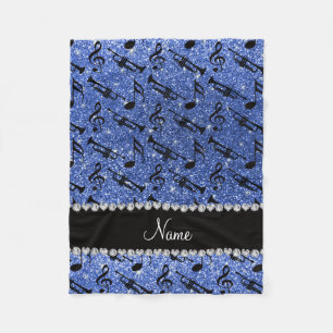Custom name blue glitter trumpets music notes fleece blanket