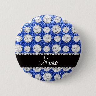 Custom name blue glitter volleyballs 6 cm round badge