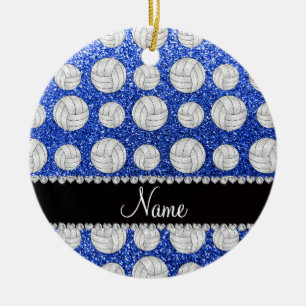 Custom name blue glitter volleyballs ceramic tree decoration
