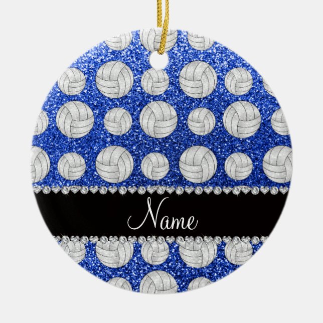 Custom name blue glitter volleyballs ceramic tree decoration (Front)