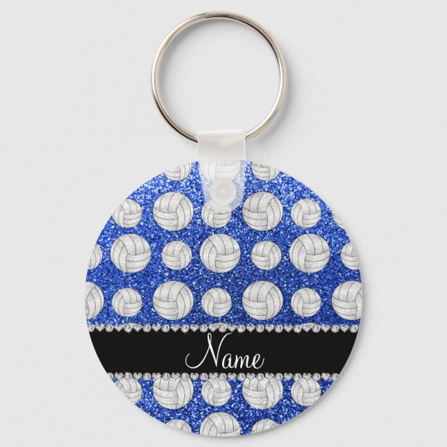 Custom name blue glitter volleyballs key ring (Front)