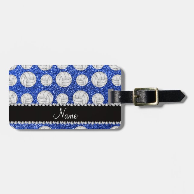 Custom name blue glitter volleyballs luggage tag (Front Horizontal)
