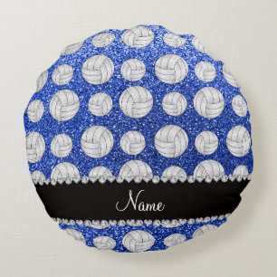 Custom name blue glitter volleyballs round cushion