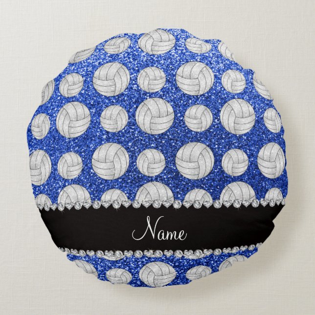Custom name blue glitter volleyballs round cushion (Back)
