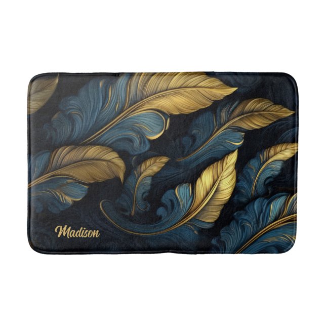 Custom Name Blue - Gold Leafs Bath Mat (Front)