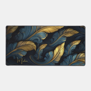 Custom Name Blue - Gold Leafs Desk Mat