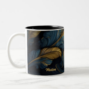Custom Name Blue - Gold Leafs Two-Tone Coffee Mug