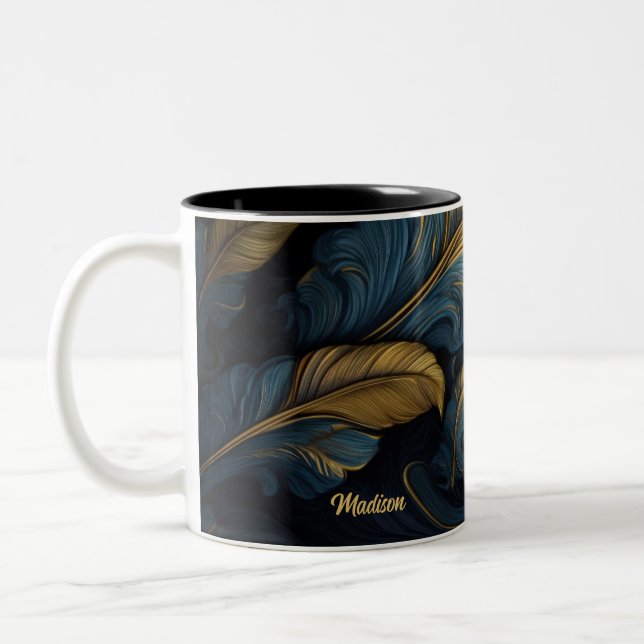 Custom Name Blue - Gold Leafs Two-Tone Coffee Mug (Left)