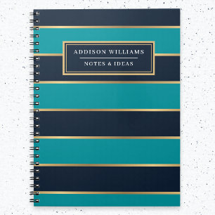 Custom Name Blue Gold Stripe Pattern Notebook
