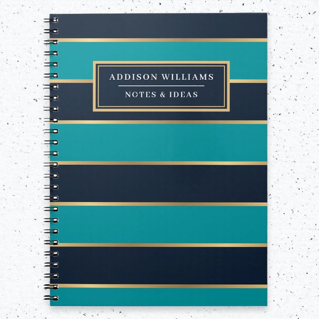 Custom Name Blue Gold Stripe Pattern Notebook (Creator Uploaded)