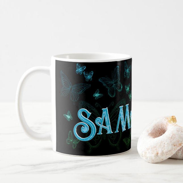 Custom Name Blue Green Butterfly Gift for Her Coffee Mug (With Donut)