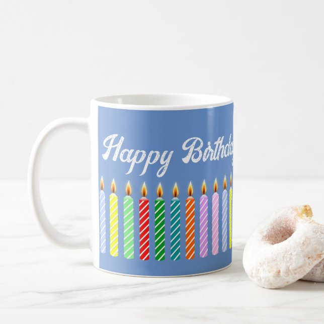 Custom Name Blue Happy Birthday Lit Candles Mug (With Donut)