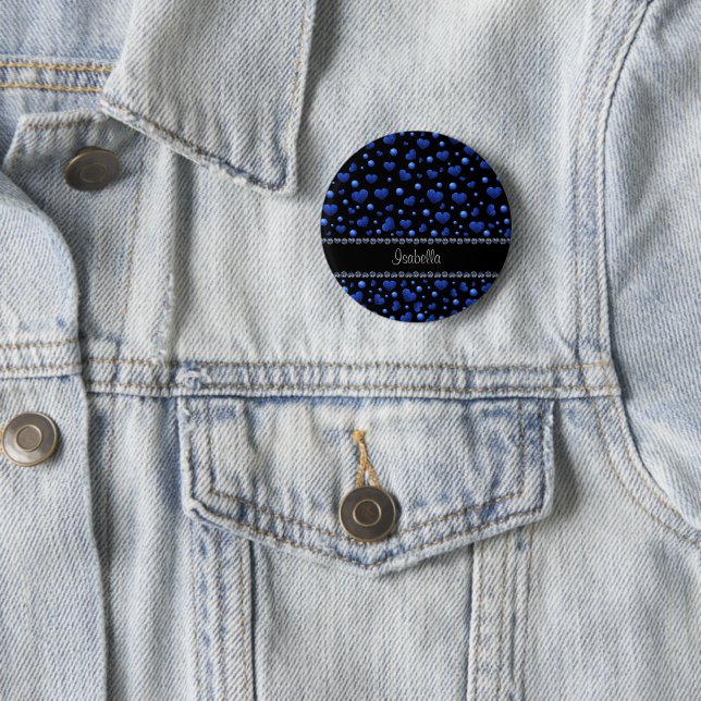 Custom name, Blue heart glitter pattern  6 Cm Round Badge (In Situ)