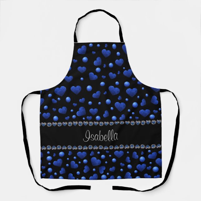 Custom name, Blue heart glitter pattern  Apron (Front)
