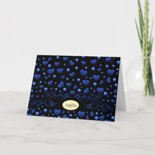 Custom name, Blue heart glitter pattern Card