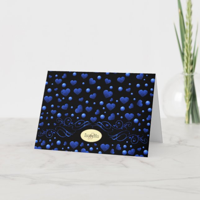 Custom name, Blue heart glitter pattern  Card (Front)