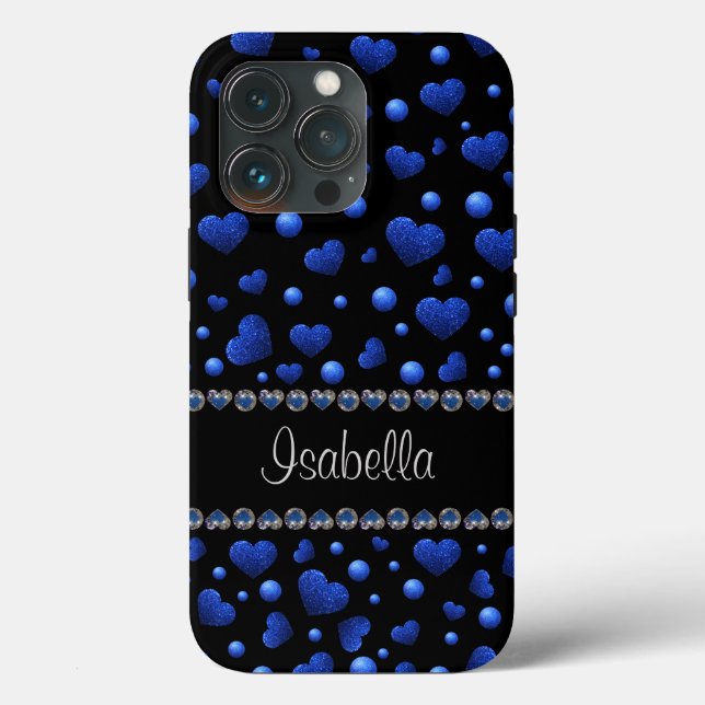 Custom name, Blue heart glitter pattern  Case-Mate iPhone Case (Back)