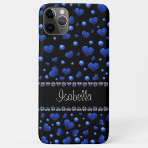 Custom name, Blue heart glitter pattern  iPhone 11 Pro Max Case