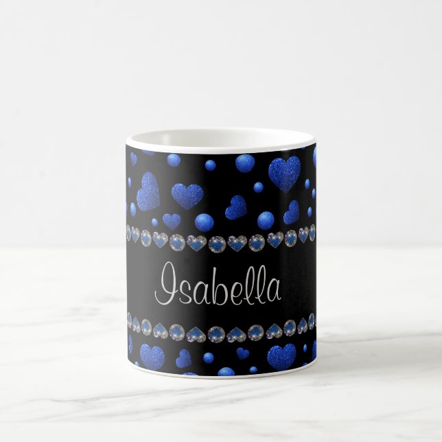 Custom name, Blue heart glitter pattern Coffee Mug (Center)