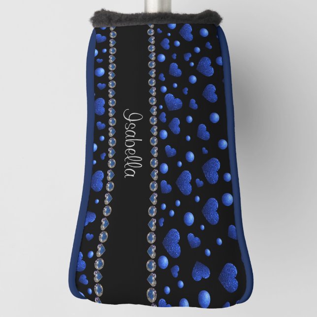 Custom name, Blue heart glitter pattern  Golf Head Cover (Rotate 90)