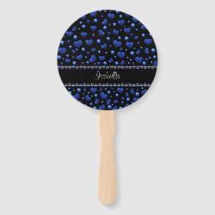Custom name, Blue heart glitter pattern Hand Fan