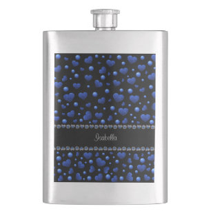 Custom name, Blue heart glitter pattern Hip Flask