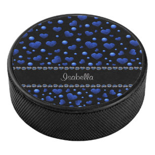 Custom name, Blue heart glitter pattern Hockey Puck