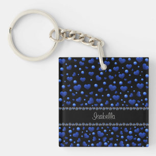 Custom name, Blue heart glitter pattern   Key Ring
