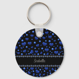 Custom name, Blue heart glitter pattern Key Ring