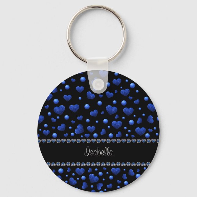 Custom name, Blue heart glitter pattern Key Ring (Front)