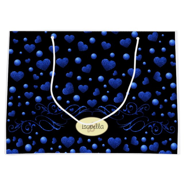 Custom name, Blue heart glitter pattern  Large Gift Bag (Front)