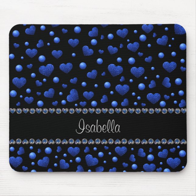 Custom name, Blue heart glitter pattern Mouse Mat (Front)
