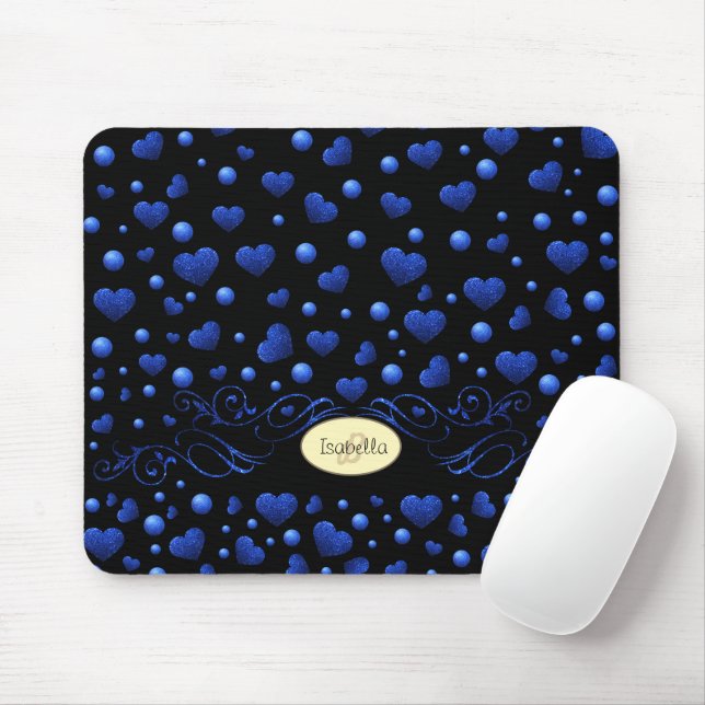 Custom name, Blue heart glitter pattern  Mouse Mat (With Mouse)
